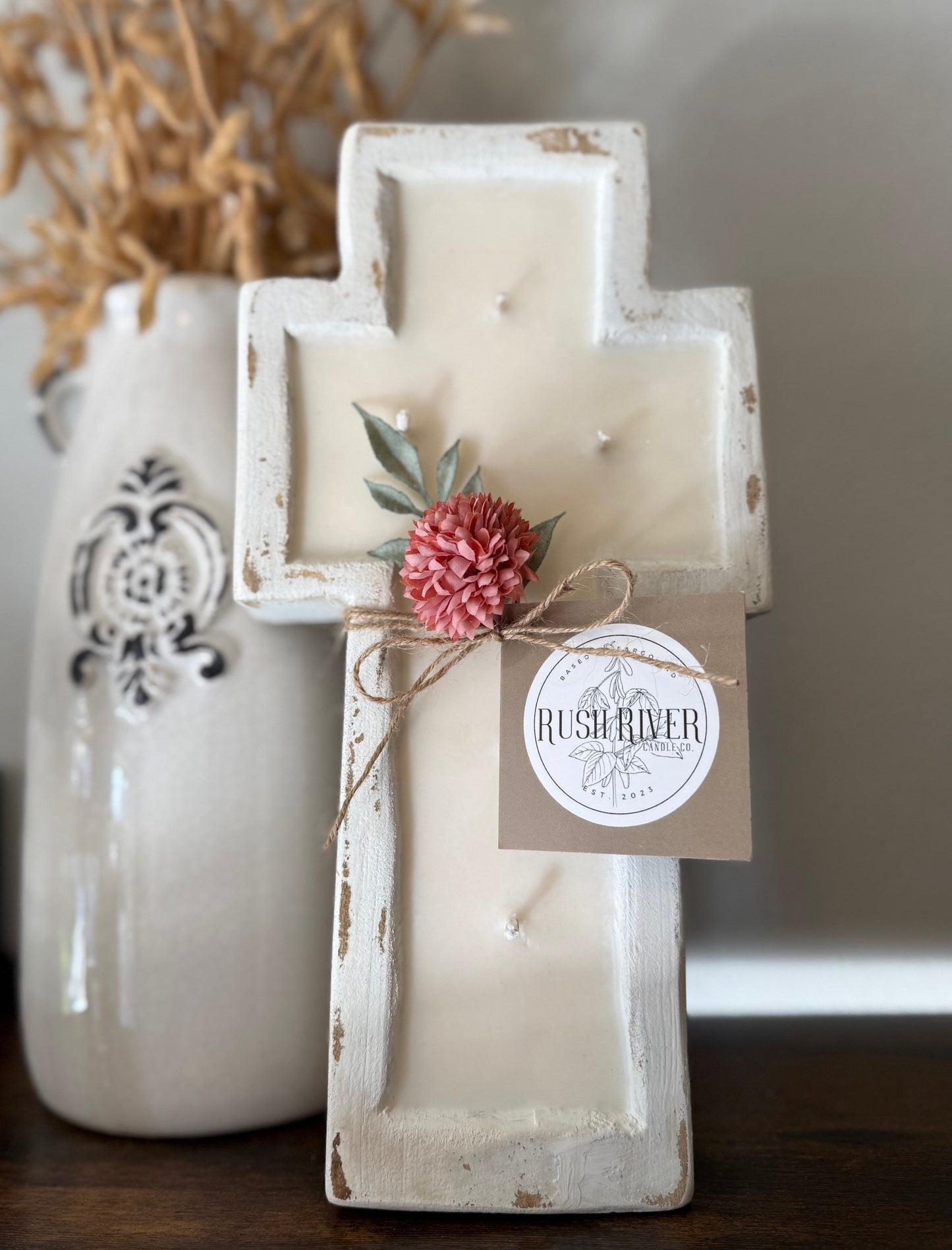 Rustic Wood Cross Candle - White