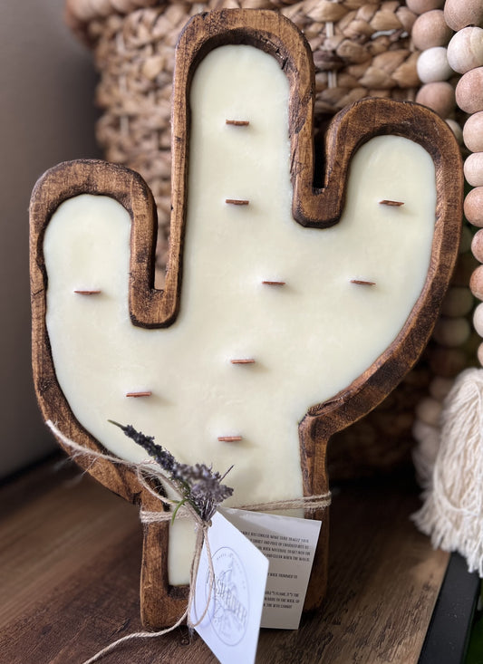 Cactus Rustic Wood Bowl Candle