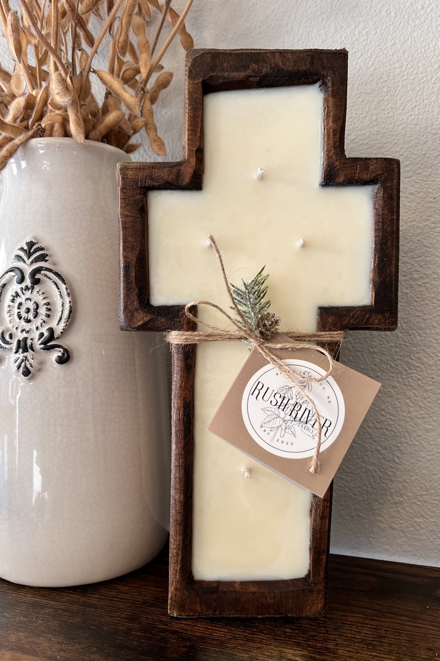 Rustic Wood Cross Candle - Brown