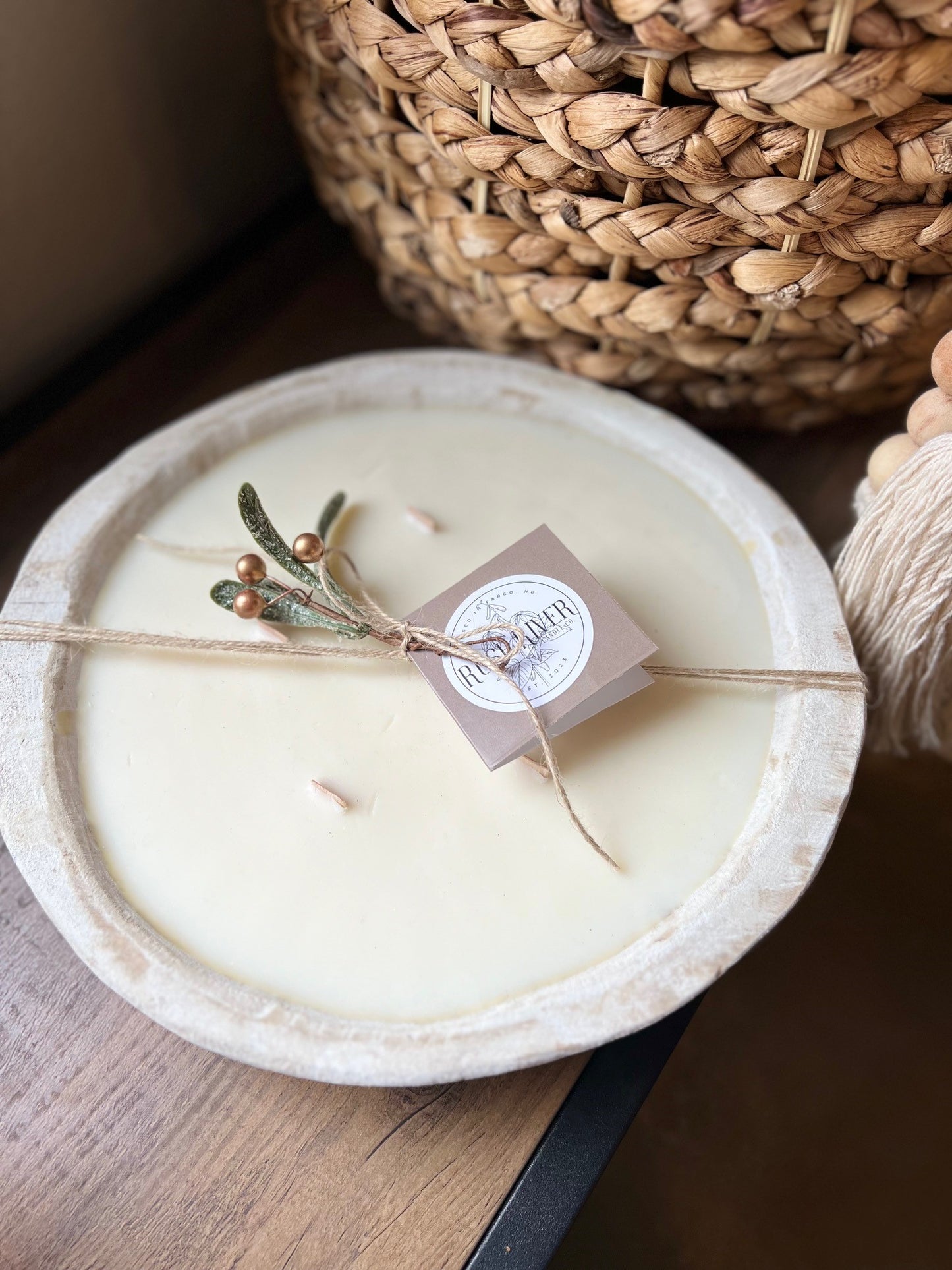 12" Round Rustic Wood Bowl Candle - White