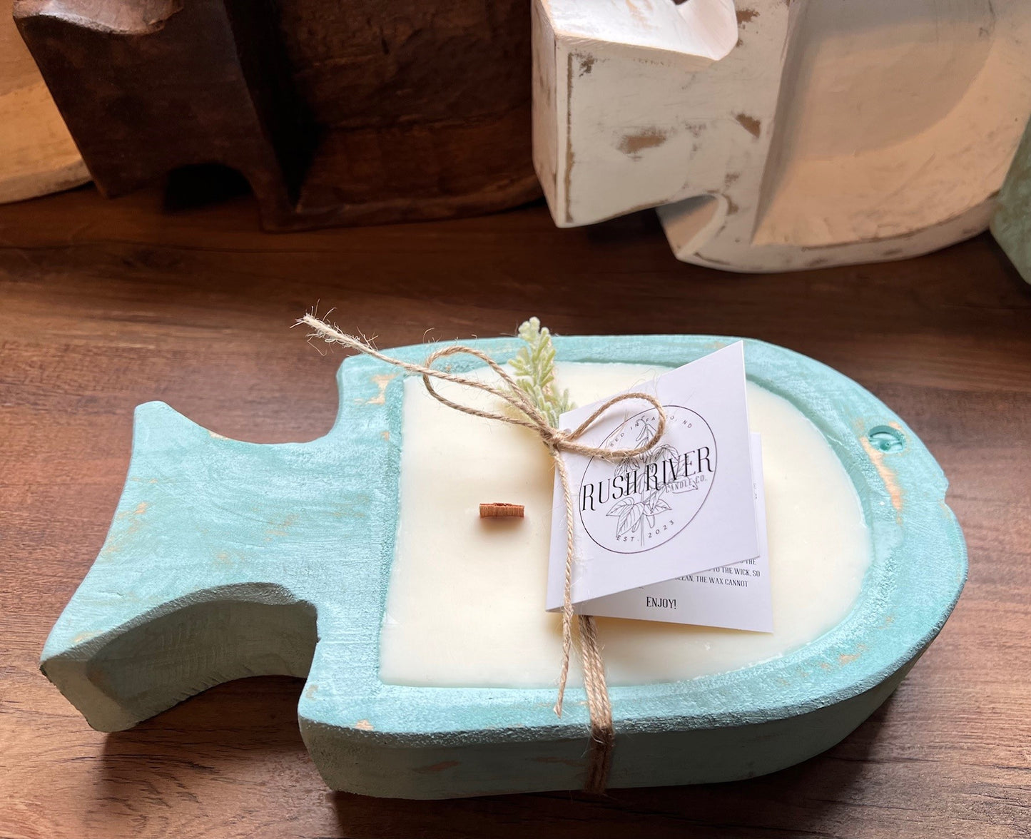 Small Fish Rustic Wood Bowl Candle - Teal