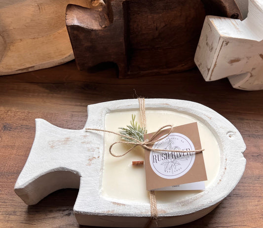 Small Fish Rustic Wood Bowl Candle - White