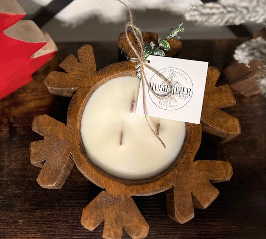 Snowflake Rustic Wood Bowl Candle - Brown