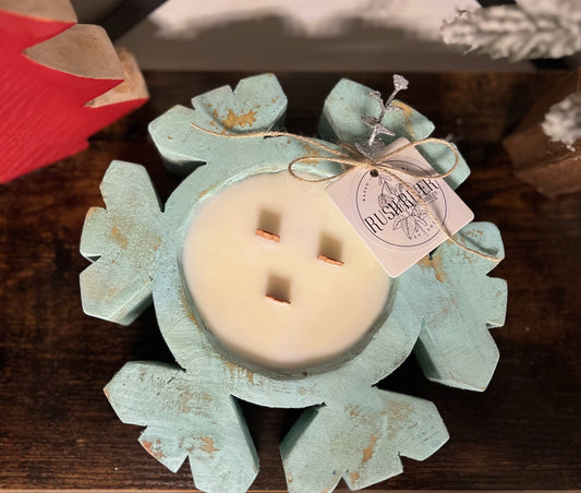 Snowflake Rustic Wood Bowl Candle - Teal