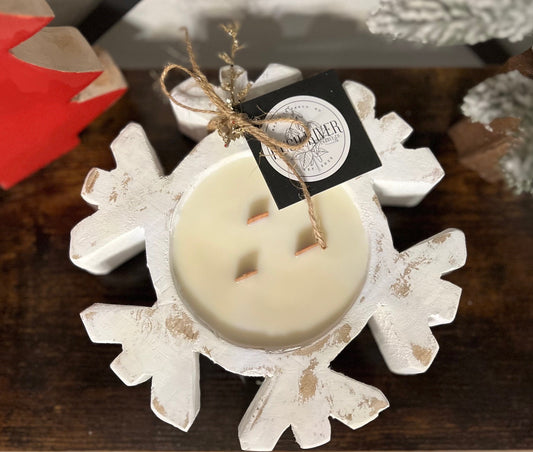 Snowflake Rustic Wood Bowl Candle - White