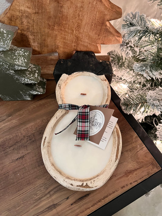 Snowman Rustic Wood Bowl Candle - Cream w/ Black Hat