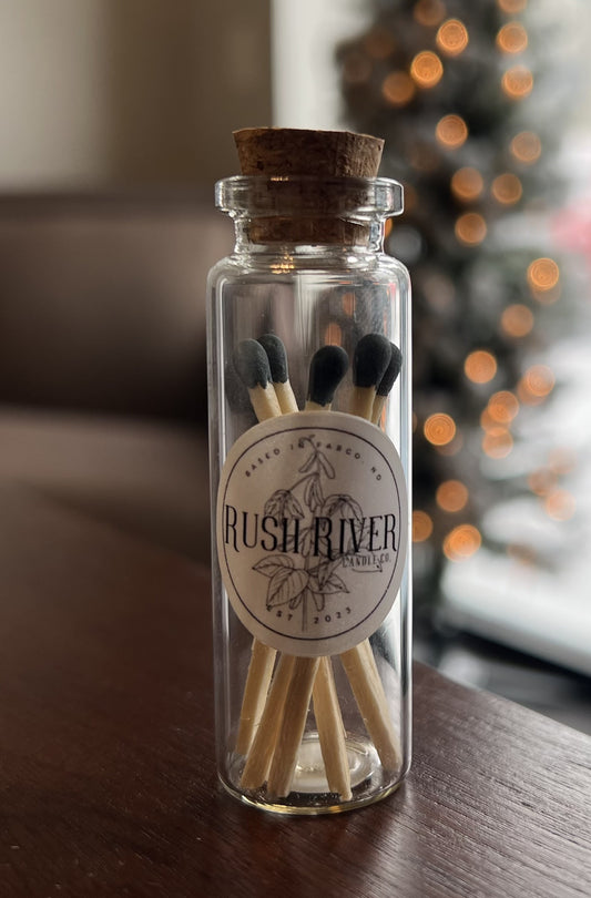 Black Stick Matches in Glass Jar with Cork Top